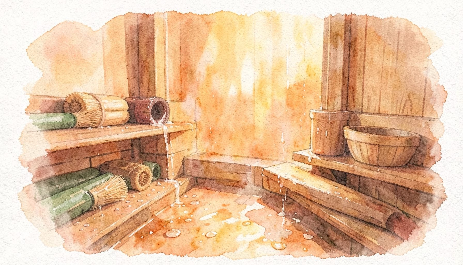 Мягкая акварель: тёплый приглушённый свет проникает сквозь пар над деревянными банными полками, зелень веников и капли воды создают атмосферу покоя и оздоровления